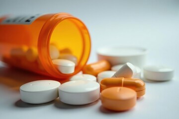 Close-up of various prescription pills in a bottle, orange and white capsules and tablets , macro, capsules
