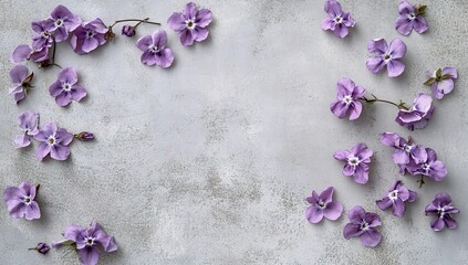 Lilac flowers with five-petal symmetry arranged diagonally on textured gray concrete background with negative space, minimalist aesthetic.