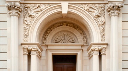 Fototapeta premium Historic Church Architecture Details Concept, Grand Entrance of a Romanesque Church with Detailed Sculptural Decor and Elegant Columns