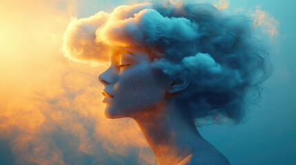 Woman, clouds, profile, sunset, digital art, serenity, concept,  mindfulness