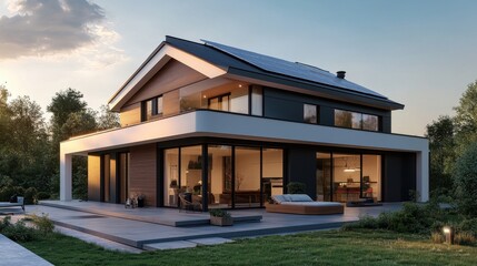 Photorealistic 3D visualization of a minimalist home with solar roof tiles and a home energy system, in the context of family home, featuring warm lighting and modern design