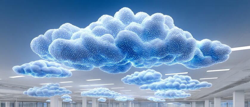 Innovative high-tech office space featuring floating cloud icons modern workplace digital art contemporary environment