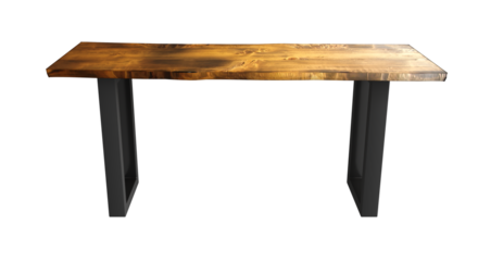 Wooden lacquered table with black metal legs on isolated. Modern live edge elm slab coffee table with inner knot in bizarre pattern shape and tree table.	
