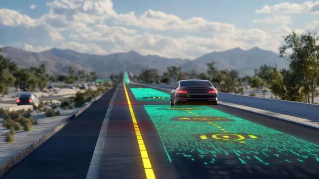 Autonomous vehicle on a smart highway with projected data