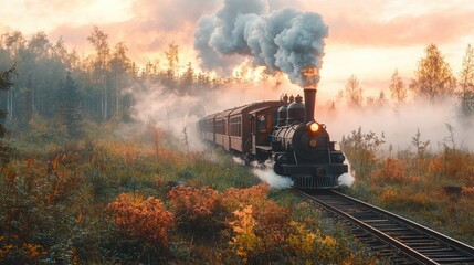 Vintage steam train through autumnal forest at sunrise