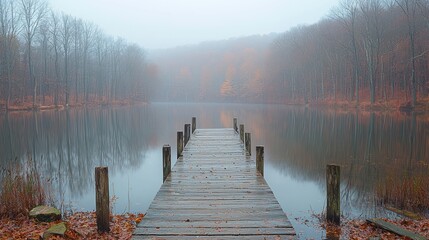 Misty autumnal lake with wooden pier