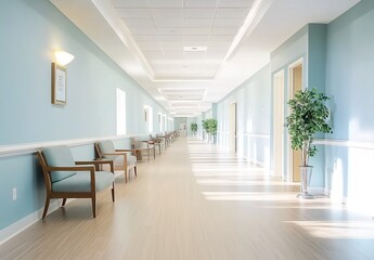 A long hospital corridor with light-blue walls, white trims, wooden-framed artworks, rows of chairs, potted plants, and square ceiling lights.