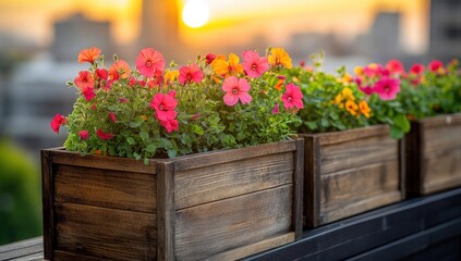 Fototapeta premium Colorful flowers in wooden planters on a rooftop terrace at sunset