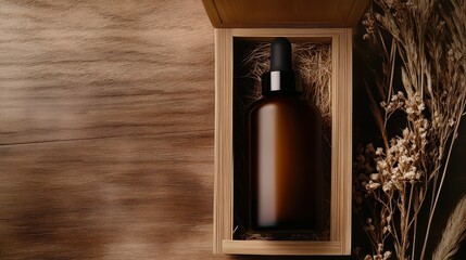 Amber Glass Dropper Bottle in Wooden Box on Brown Wooden Background