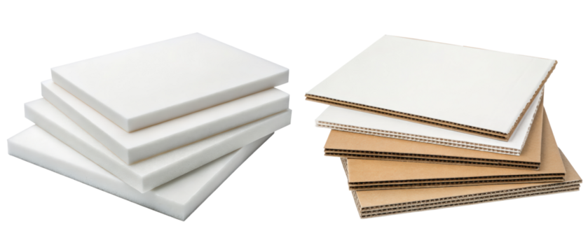Stacks of white foam boards and brown corrugated cardboard sheets isolated with transparent background