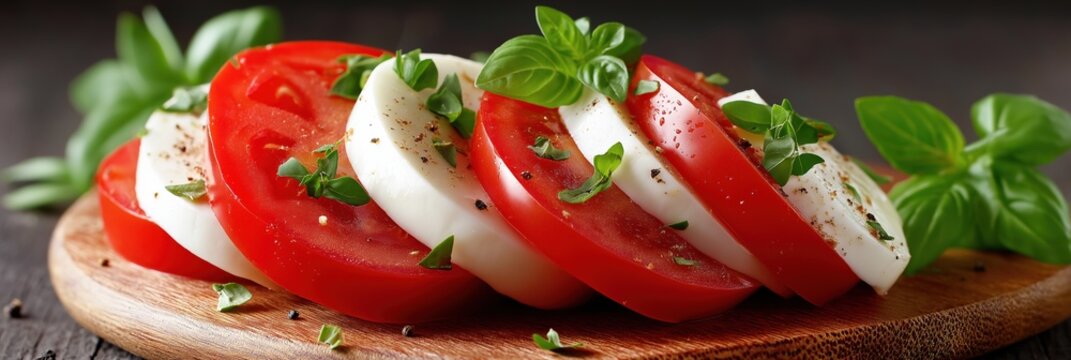 A plate of tomato and basil salad with a wooden board. The salad is cut into slices and has a variety of colors