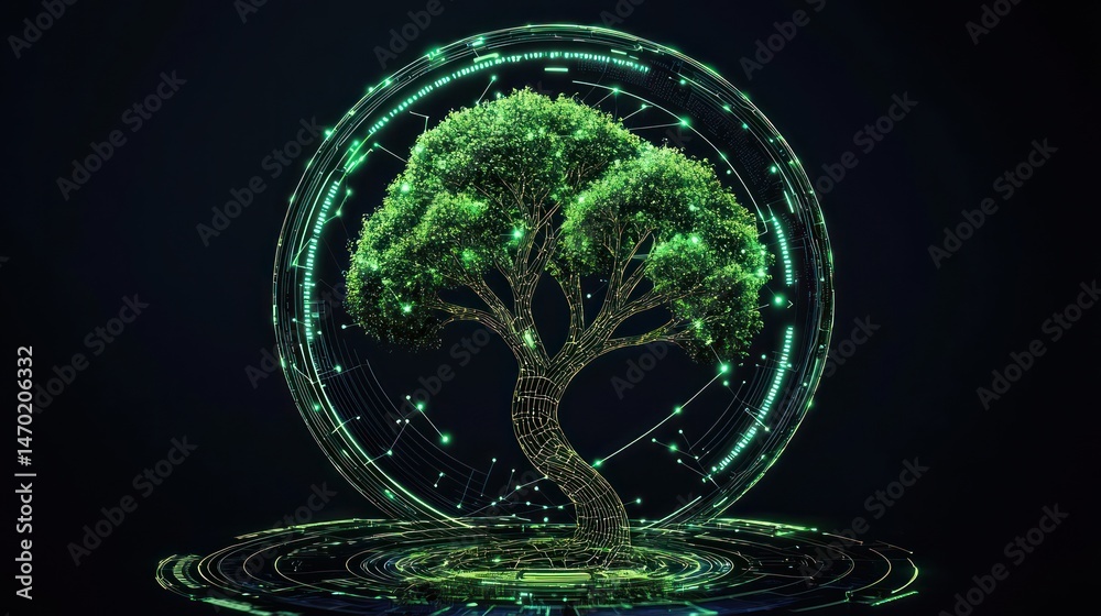 Poster a digital tree surrounded by glowing green circuit components