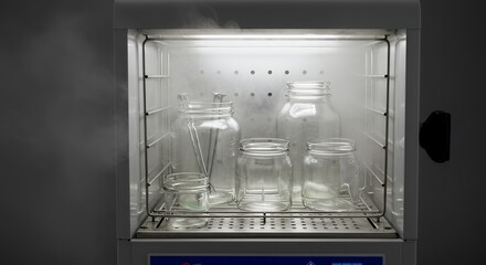 Glass Jars Sterilization Process Inside a Medical Lab Equipment with a Steam Filled Interior Under Bright Studio Lighting for Hygiene and Cleanliness