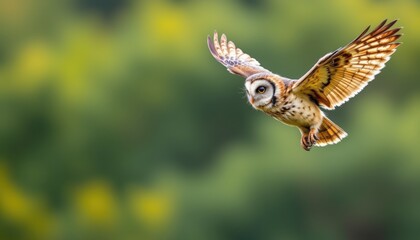 Owl in Flight Against a Blurred Green Background, Showcasing its Beautiful Wings and Distinct Feather Patterns in a Natural Habitat