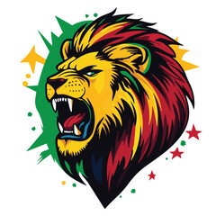 Roaring Lion Head With Colorful Mane Aggressive Wild Animal Illustration