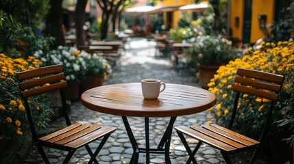 Obraz premium Outdoor cafe seating, cup of coffee, charming patio