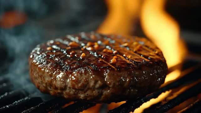 Grilled hamburger patty on barbecue, close up, food photography for menus
