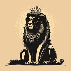 Regal Lion Vector Illustration Wearing Crown And Sunglasses On Beige Background