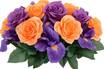 Vibrant arrangement of peach roses and purple irises