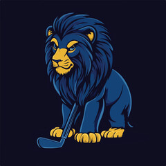 Lion Mascot Hockey Player Blue And Yellow Illustration Cartoon Style Design