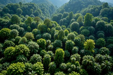 aerial drone view of a lush, dense tropical rainforest, vibrant green canopy, misty atmosphere, sunlight filtering through trees, highly detailed, cinematic lighting, photorealistic, 8k resolution