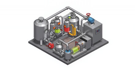 Isometric 3D Rendering of Emulsifying Machine with Stainless Steel Tanks and Color Coded Fluids Isolated on White Background