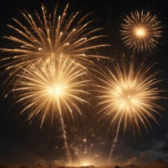 Naklejka premium Golden fireworks explode, illuminating night sky , night, light