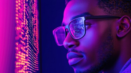 An african american man wearing glasses studies data on screen