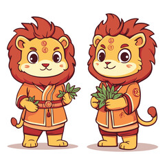 Two Cute Cartoon Lion Dancers Celebrating Chinese New Year With Green Plants