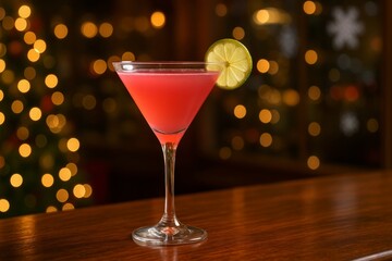 Festive Cosmopolitan Cocktail Served in a Glass With a Slice of Lime During a Holiday Gathering in a Cozy Bar