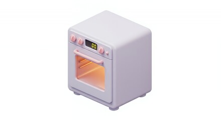 Fototapeta premium Isometric View of a Pastel Pink Oven Preheating on a White Background in Cartoonish 3D Rendering Style