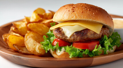 super close up, realistic photo of a wood plate with american burguer with chips and sauce gourmet in white background


