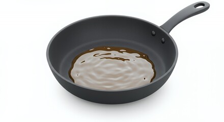 Isometric View of Dark Gray Non-Stick Pan Filled with Brown Liquid Isolated on White Background in Clean 3D Rendering Style
