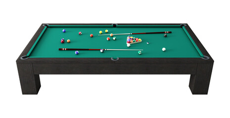 Billiard table isolated. Billiard table with balls and cue isolated.	
