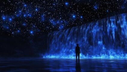 Fototapeta premium A solitary figure stands before a majestic waterfall under a starlit sky