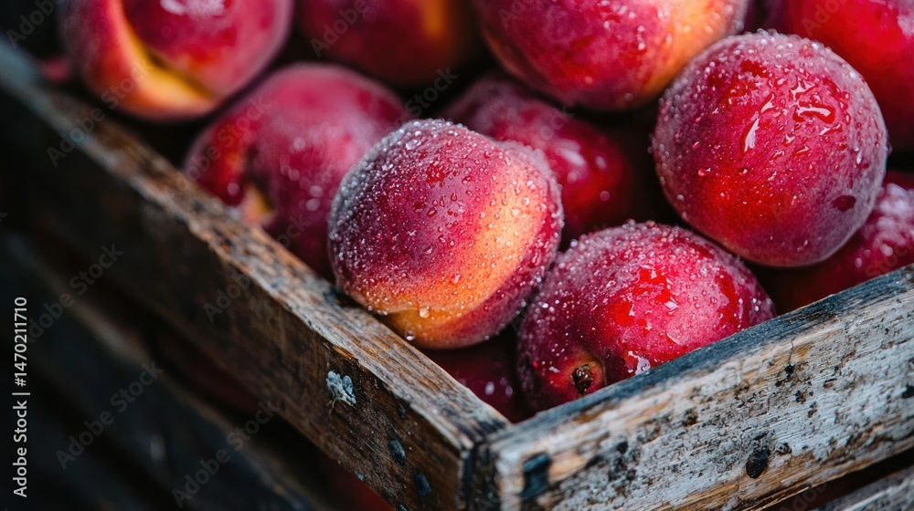 Poster fresh red peaches stored in a rustic wooden crate