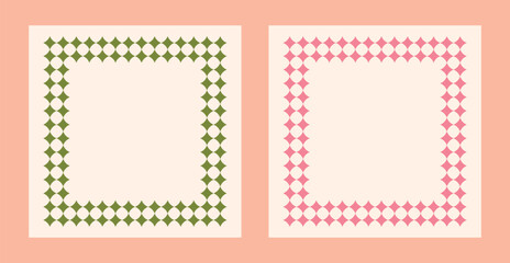 Set of two backgrounds with square decorative frames in modern abstract geometric style. Pink and green frames on beige background. Vector illustration