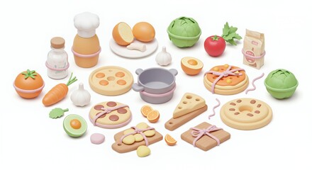 Pastel Cooking Ingredients Isometric 3D Render on White Background Featuring Cartoonish Kawaii Food Items Isolated For Kitchen Decoration And Culinary Projects