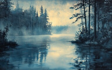 Painting of a forest with a river in the middle. The water is calm and the sky is cloudy