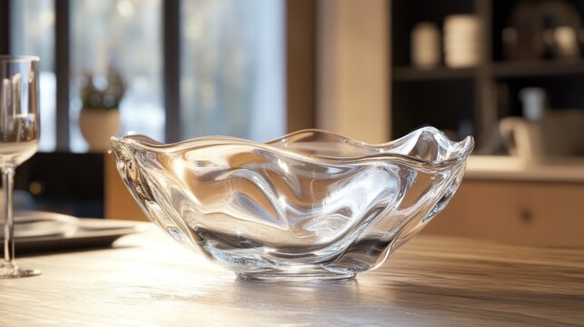 Clear, sculpted glass bowl on a wooden table.  Modern, transparent, and elegant serving dish in a contemporary kitchen setting