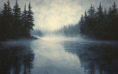 Painting of a forest with a lake in the background. The sky is cloudy and the water is calm