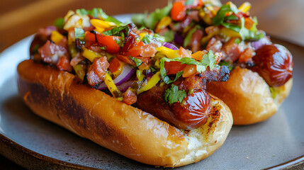 Close-up of gourmet hot dogs artisanal sausages fres