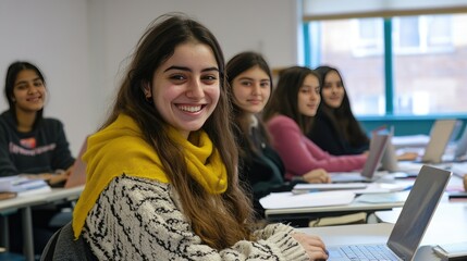 A diverse group of six students sitting in a modern classroom, smiling and laughing together.
