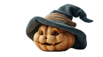 Halloween pumpkin with witch hat transparent background digital art whimsical cheerful