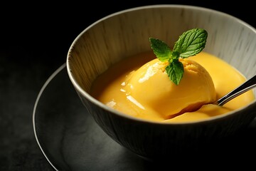 A smooth mango ice cream, served in a bowl with a spoon and a small mint leaf on top 