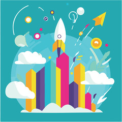Startup Rocket Launching Over Colorful Cityscape With Creative Elements Flat Vector