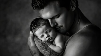 A close-up image of a man holding a sleeping baby in his arms.