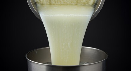 Whey Draining Process Through Sieve in Studio Against a Dark Background Showcasing Liquid Filtration and Dairy Separation