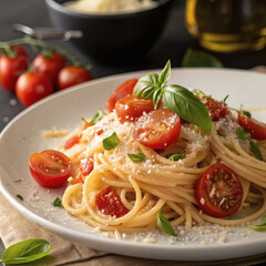 spaghetti, pasta, bolognese, tomato sauce, ground meat, fresh basil, parmesan cheese, food photography, studio lighting, high contrast, detailed, sharp focus