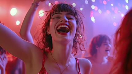 Four friends are enjoying a vibrant night out, laughing and having fun on a city street.